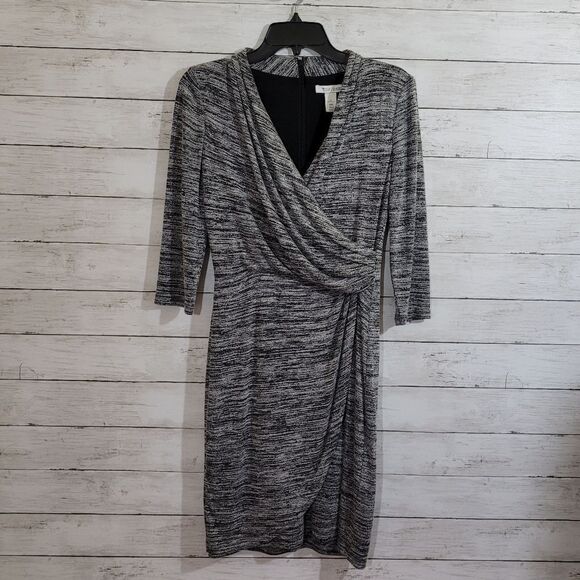 White House Black Market Dresses & Skirts - White House Black Market Gray Black Spacedye Soft Knit Faux Wrap Dress Size 4